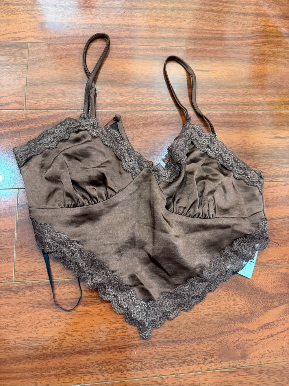 Forever 21 Brown Satin Silk Lace Crop Top, Back Tie with Adjustable Straps